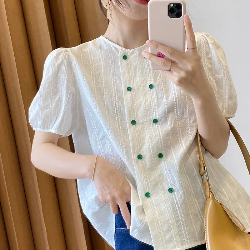 Loose Comfort Summer Short Sleeve T-Shirts Women Double Breasted O-Neck Chic Tops Solid Colors Commute Clothing Casual Shirts