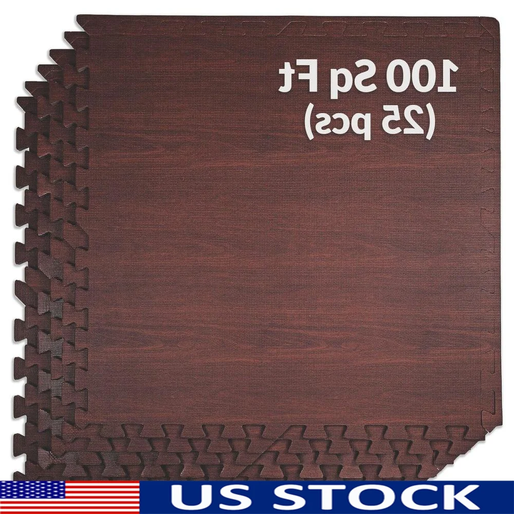 Interlocking Foam Mat 100 Sq Ft 25 Pcs Dark Wood Grain Flooring Durable Cushioning Easy to Install