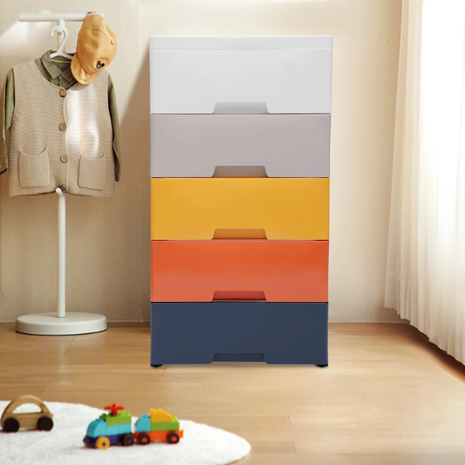 

5 Drawer Stackable Vertical Clothes Storage Tower, Bedroom Tall Small Chest Closet with 5 Wheels for Powder Rooms, Beauty Stores