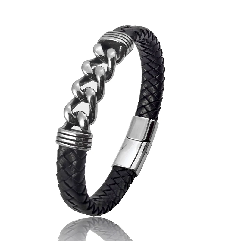 MingAo Luxury Chain Leather Braid Men Bracelet Stainless Steel Buckle Business Men\'s Bangles for Friend Partner Lovers Gift