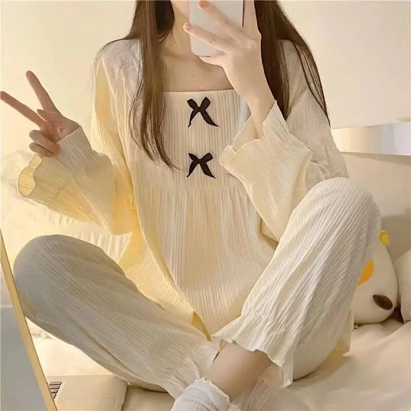 Hot 2026Spring Autumn Women New Long Sleeved Pants Pajama Set Sweet Cute Fashion Comfort Princess Style Home Clothes Set for