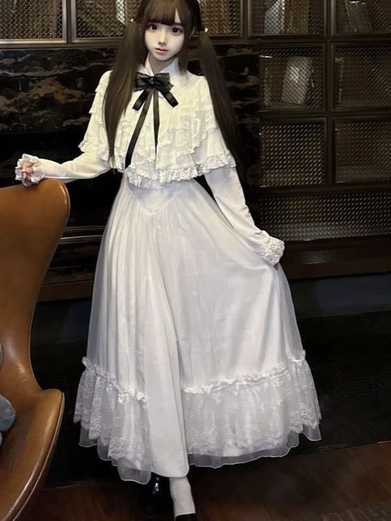 Vestido japonés de encaje con lazo de manga corta, falda larga ajustada blanca, estilo dulce, traje para cita diaria de otoño 2025, ropa informal elegante para mujer