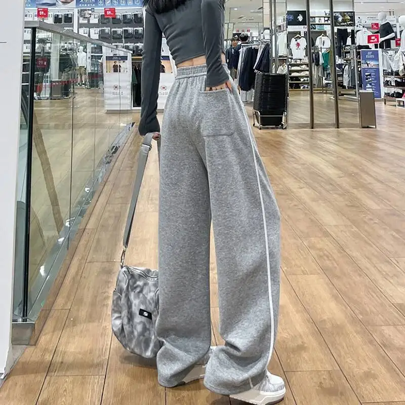 Mode Streifen Breite Bein Jogginghose Für Frauen Herbst Winter Elastische Taille Gerade Hosen Lose Dünne Alle Spiel Casual Hose