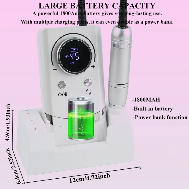 충전식 전기 네일 드릴 머신, 베이스 네일 젤 광택제 리무버 드릴 세트, 매니큐어 살롱 샌딩기, 저소음, 45000RPM