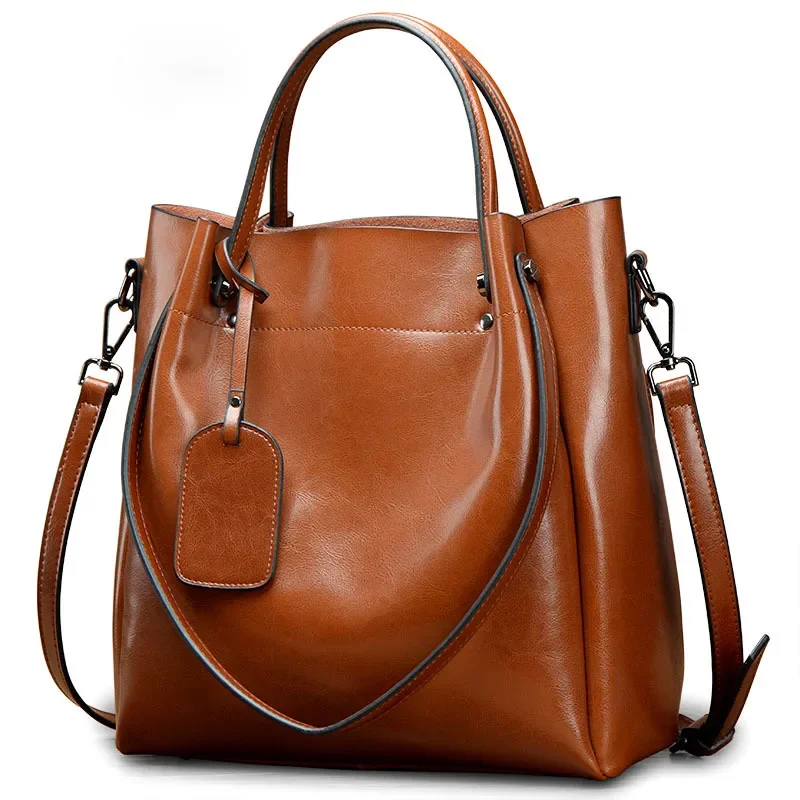 

2024 New Women's Bag Genuine Leather Shoulder Crossbody Bag Handheld Large Bags Oiled Waxed Cow Leather Bag Luxury Bags