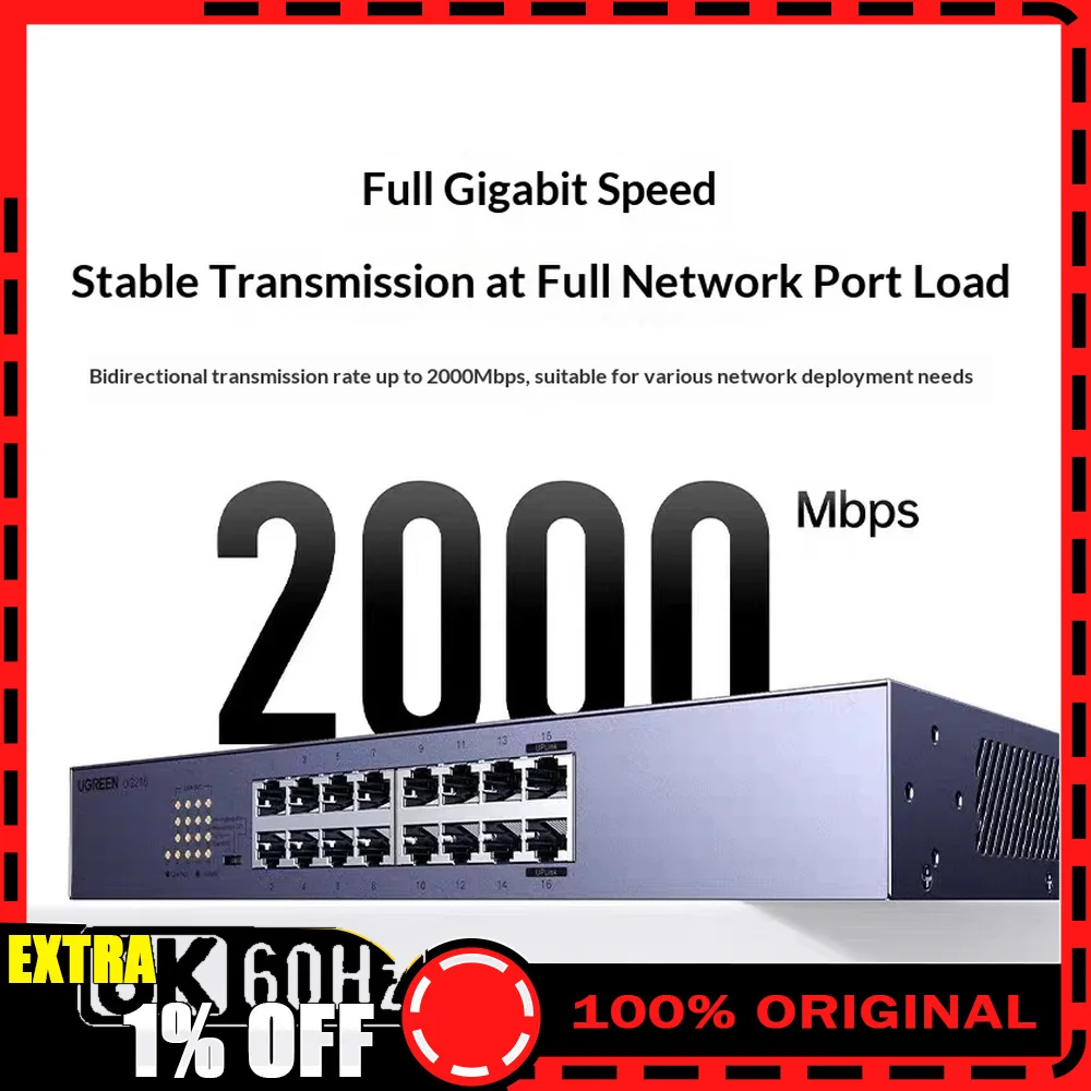 UGREEN CM939 75289 16 Port Gigabit Ethernet Switch 32Gbps Rackmount Network Splitter Plug and Play