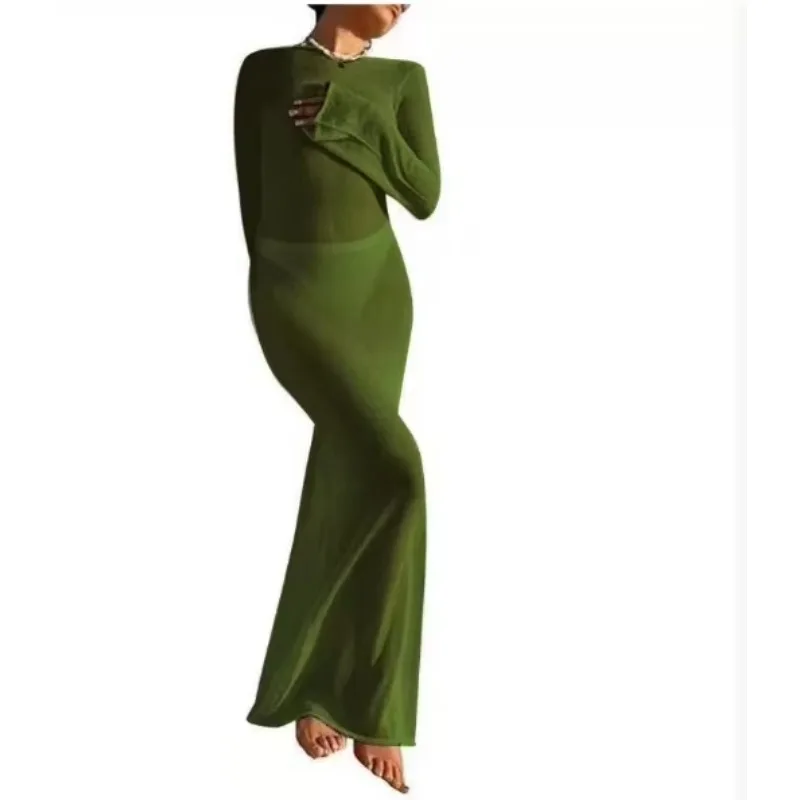 Em torno do pescoço elegante praia feminina nova festa vestido de cor sólida manga longa sexy sem costas vestido magro bodycon