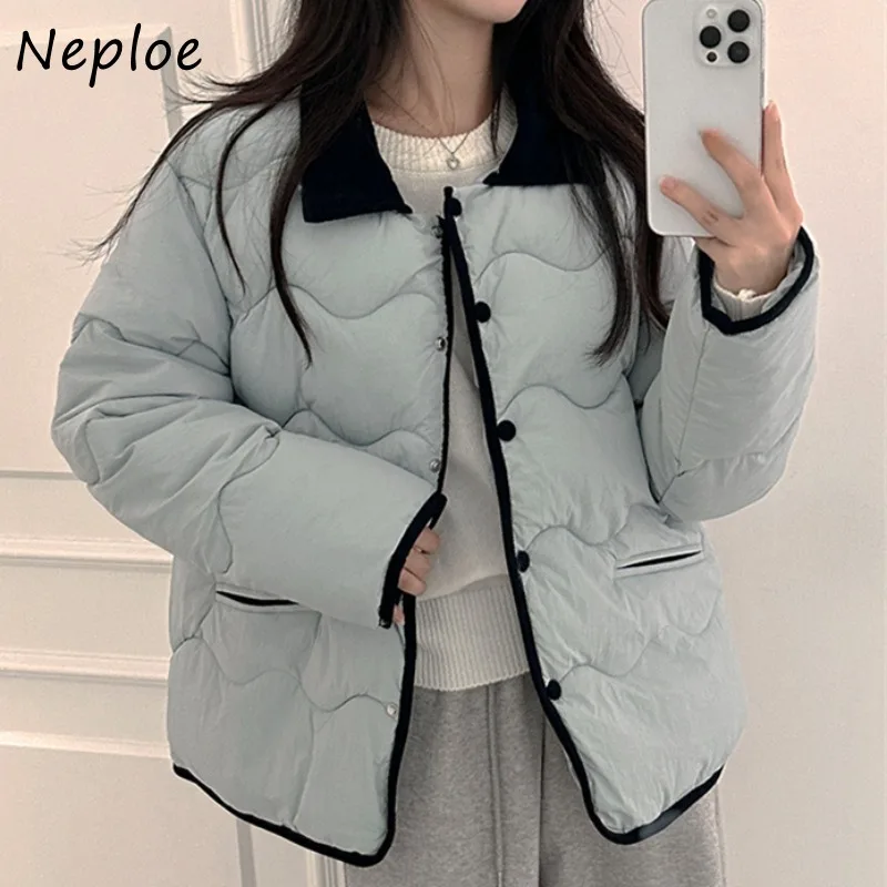 Neploe-Parkas francesas Vintage de Color contrastante para mujer, Chaqueta de algodón suelta con patrón de ondas, solapa de temperamento dulce, otoño e invierno, 2024