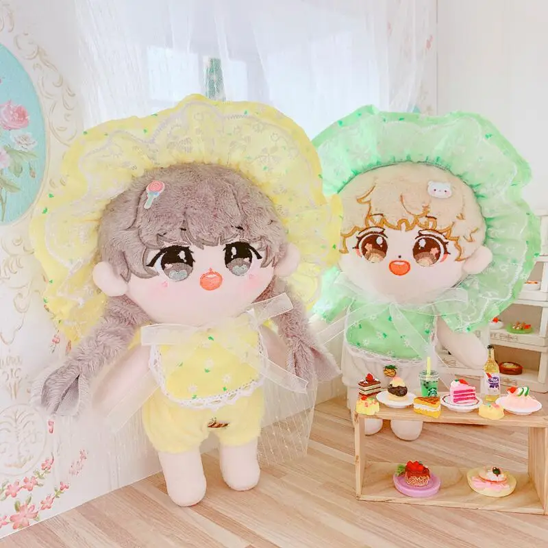 Kawaii Green Yellow Lace Baby Hat and Bib Pants Suit for Girls, Cute Idol Doll Clothes, DIY Dress Up Plush Doll Clothes, 20cm