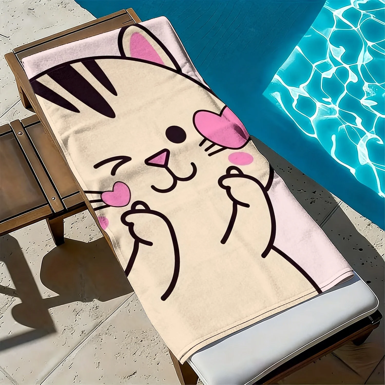 

Cartoon kitten with heart-shaped pattern polyester microfiber beach towel is highly absorbent, suitable swimming beach outings