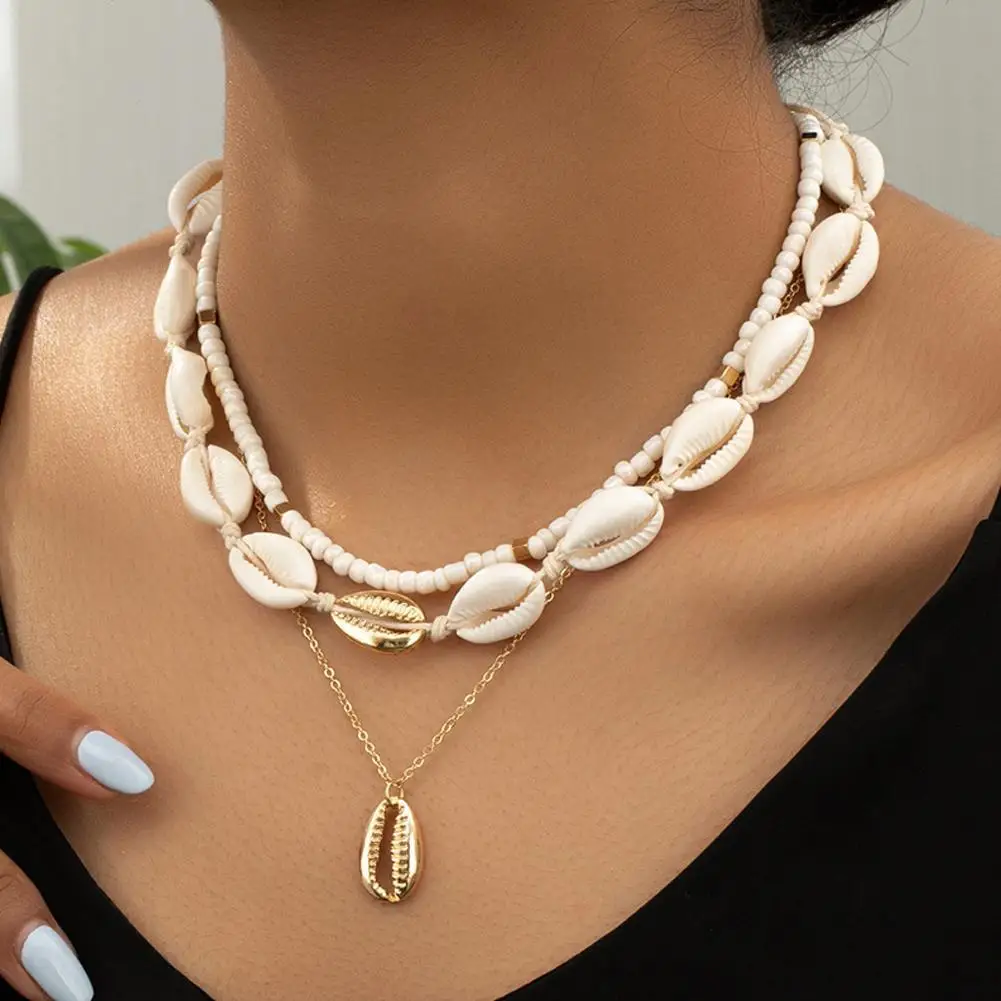 Bohemian Natural Shell Necklace Three Layer Beach Seashell Choker Necklaces Short Collar For Women Rope Chain Choker Accessories