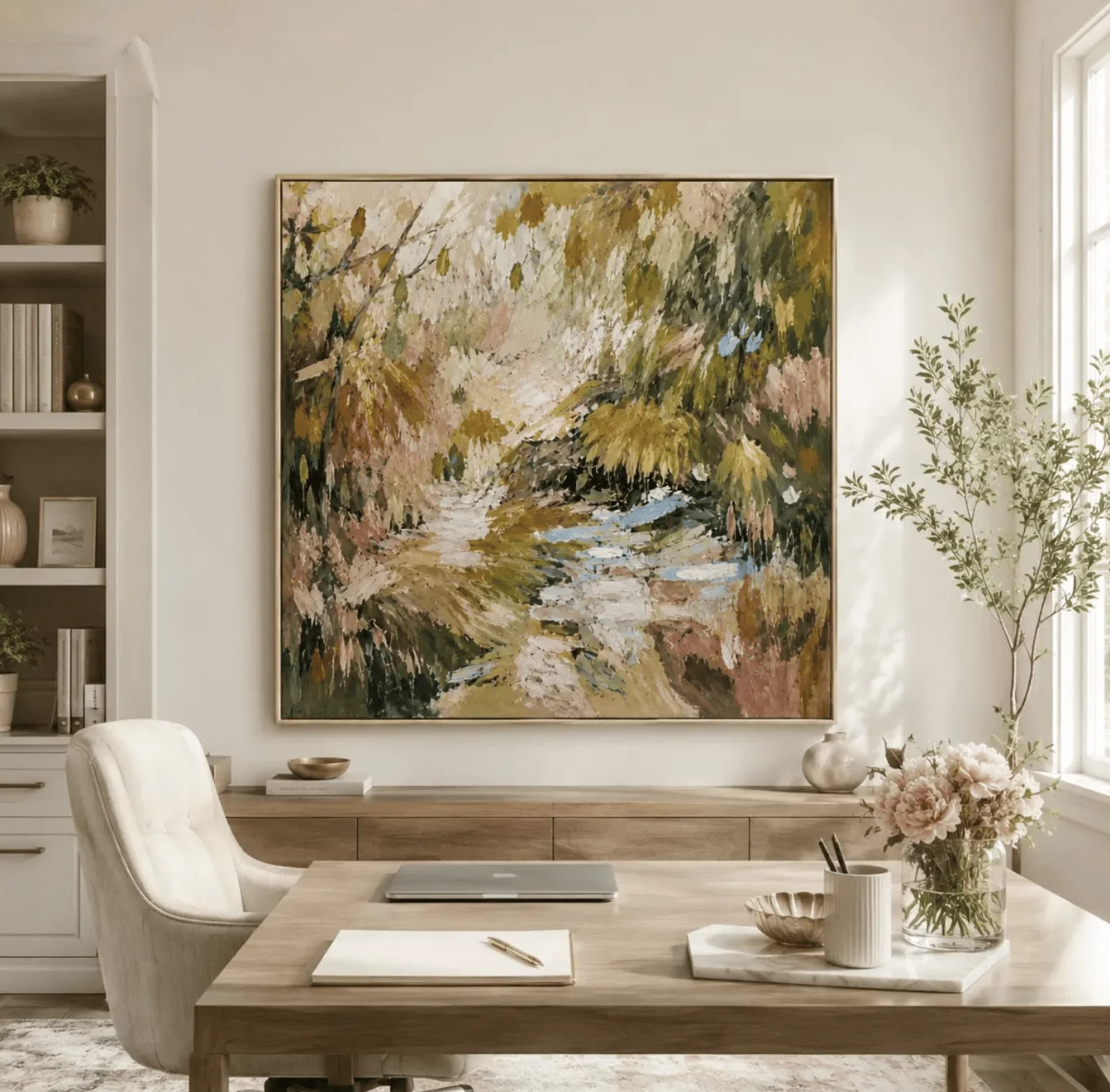 Pastel Forest Stream Landscape Canvas Prints, Palette Knife Creek Scenery Posters Living Room Bedroom Farmhouse Home Decor