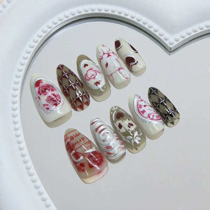 30 piezas Uñas postizas 3D Dream Rose Corazón y animal Ola Uñas postizas cortas en forma de almendra Cobertura completa para mujeres y niñas Falso arte de uñas 3