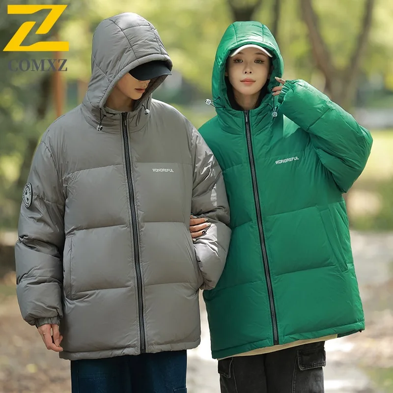 COMXZ High End Men Down Jacket Leisure Hood Design Outdoor Camping Cozy Warm Parka Hiking Windproof Lightweight Winter Coats