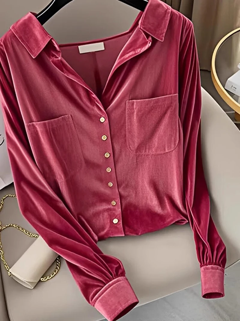 Bomon French light ripe red velvet long sleeve shirt women's design sense niche autumn and winter unique and beautiful short top