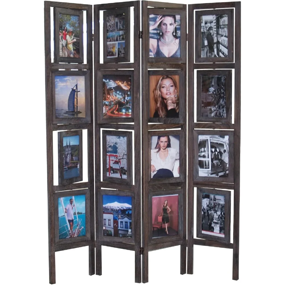 

Scenic 4 Panel Folding Screen Room Divider with 16 Picture Frames to Display 32 Pictures, Paulownia Wood, Smoked Brown Finish