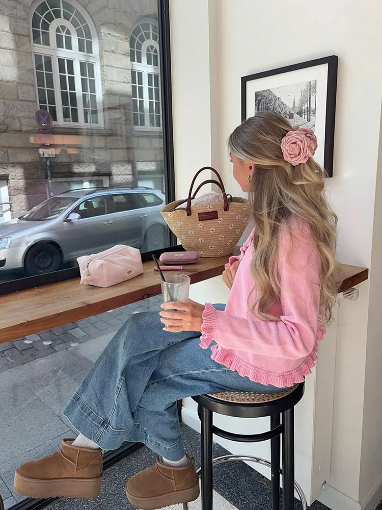 New Wrinkles Border Round Neck Sweater Cardigan Ruffled Long Sleeve Tops Autumn Women's Clothing Blouse Fashion Items Top Jacket