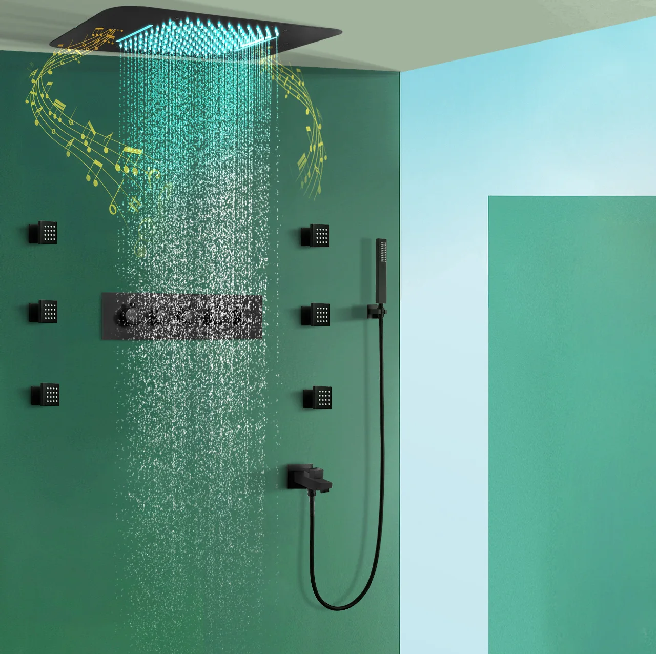Ceiling embedded 580 * 380LED music shower top spray bathroom constant temperature concealed