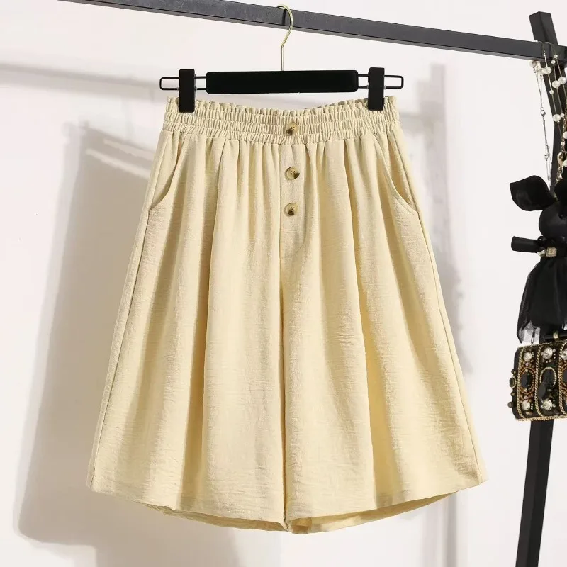 Summer Thin Loose Five Points Culottes Women High Elastic Waist Front Buttons Slim Wide Leg Anti-Exposure Casual Skort Pants