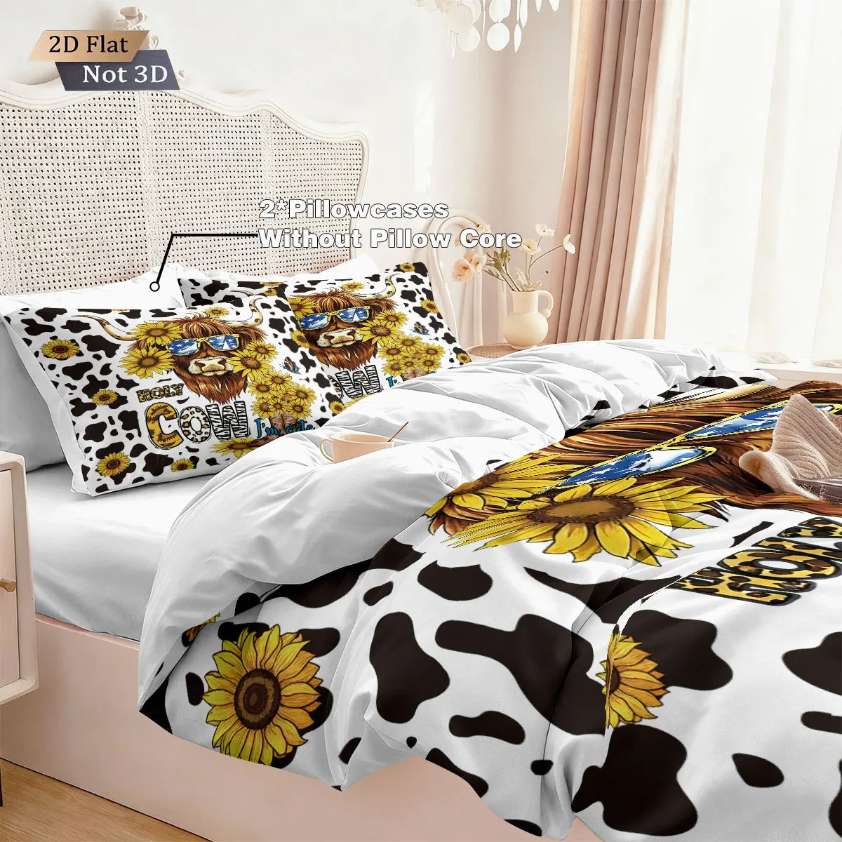 Highland Cattle Flower Bedding Set 3D Print Brushed Duvet Cover for Student Dormitory, 1 Duvet Cover and 2pillowcase with Zipper