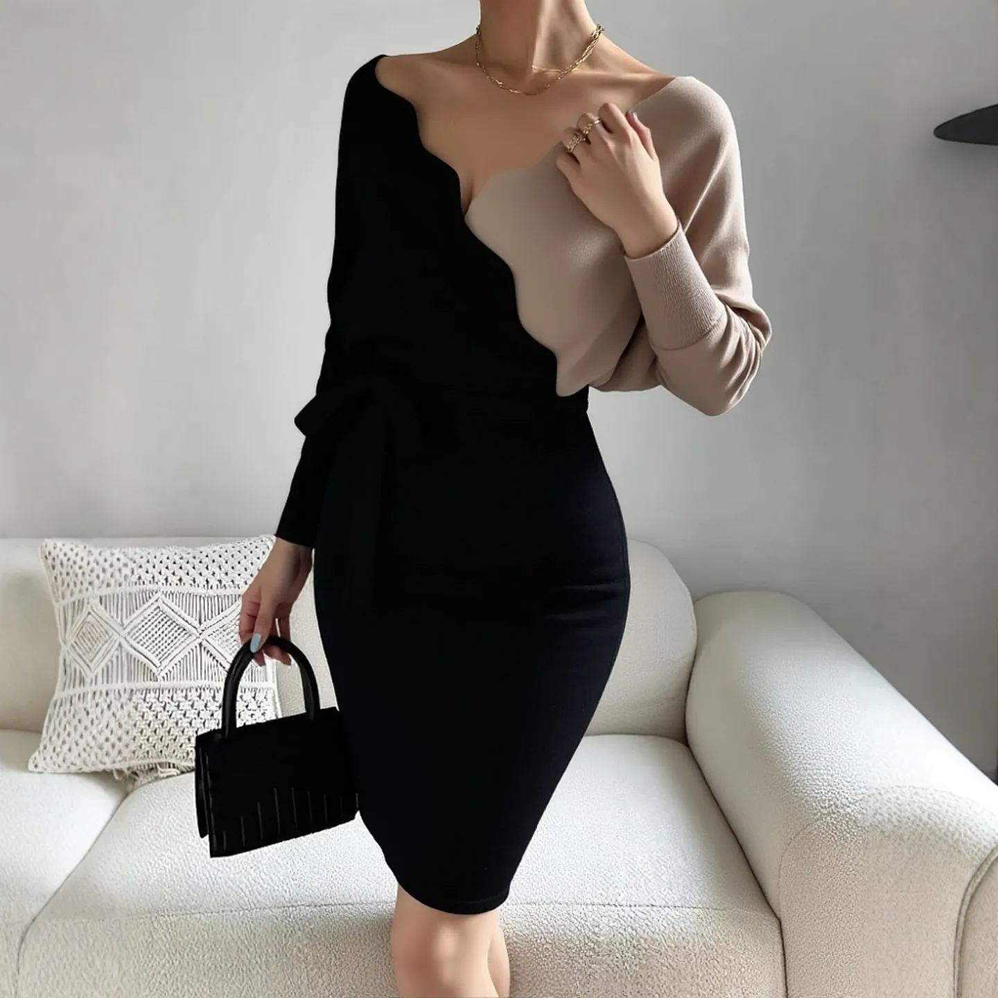 YuooMuoo 2025 Herbst Winter V-ausschnitt Patchwork Gestrickte Kurze Kleid Frauen Elegante Batwing Ärmeln Schlanke Taille Bodycon Pullover Kleid