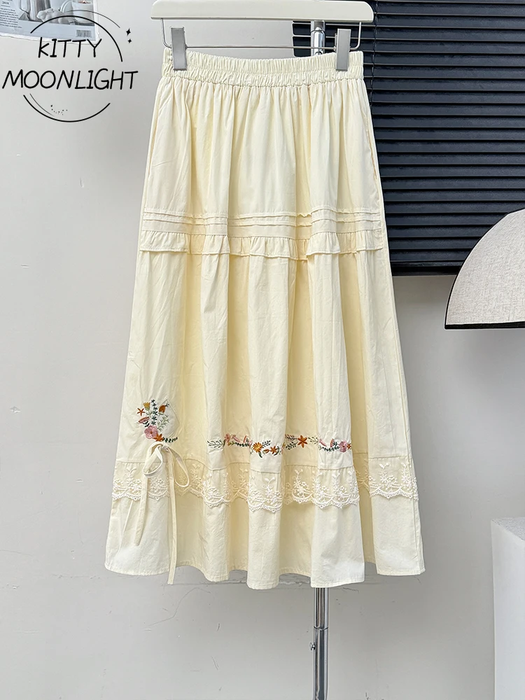 Vintage Embroidery Cotton Linen Skirts Women Autumn Japanese Mori Girl Lace Ruffled Kawaii Long Pleated Skirt Jupe Femme Faldas