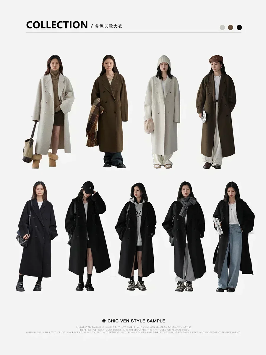 CHIC VEN Women Long Double-sided Woolen Coats Loose Female Overcoat Double Breasted Ladies Windbreak Coat Autumn Winter 2023