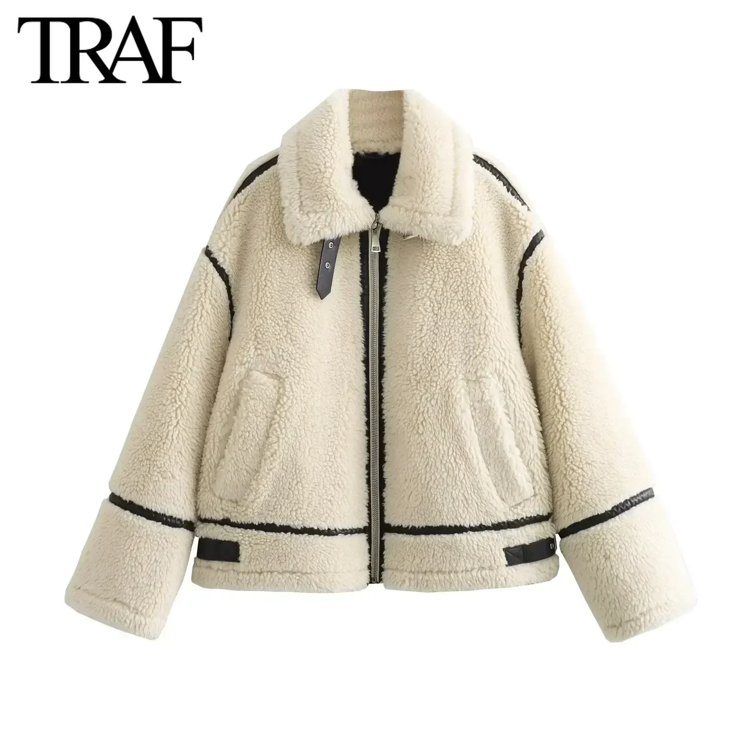 TRAF Faux Fur Jacket for Women Fashion Winter New Solid Color Long Sleeved Lapel Zip Pocket Warm Thick Jackets Short Coats