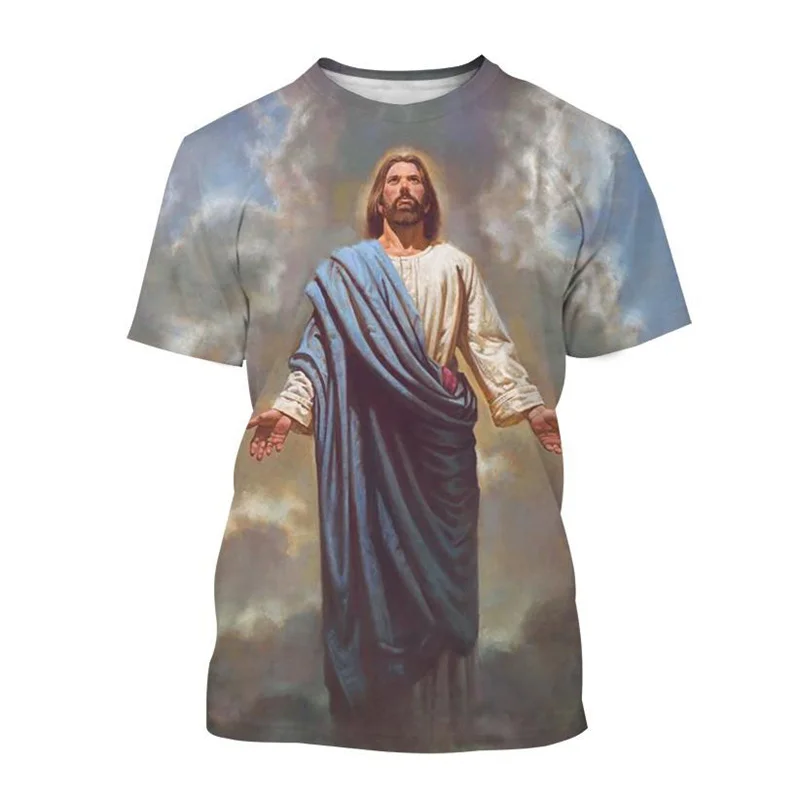 Christian God Jesus T Shirt Men 3d Print Christian Painting Summer Tees Fashion Round Neck Short Sleeve Loose Street T-Shirt