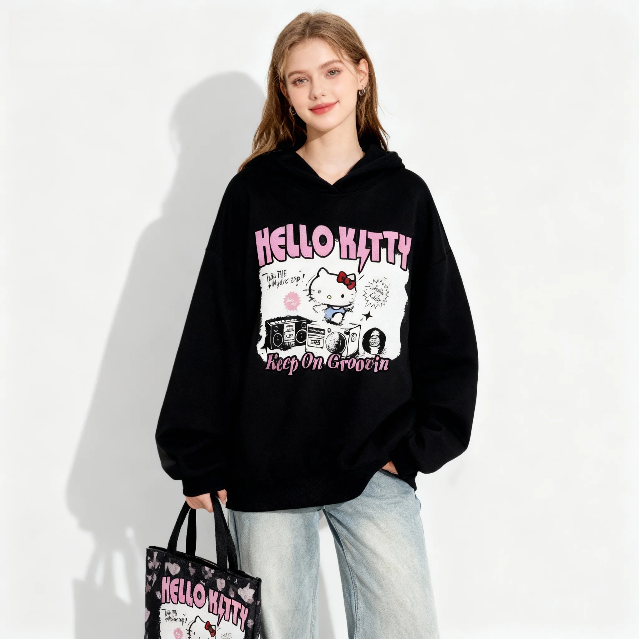 25/26 سلسلة عائلة سانريو الجديدة مرحبا كيتي الحلو كول العصرية الشارع الخريف/الشتاء هوديي حجم كبير المرأة الكبار