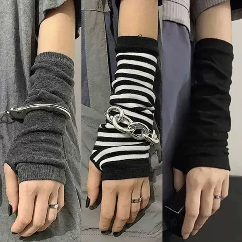 Striped Arm Cover Gloves Women Men Y2K Black Punk Fingerless Gloves Daily Adjustable Gothic Arm Warmers Fashion Accessories Gift