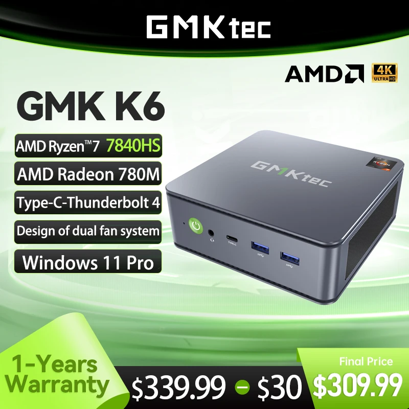 GMKtec Mini-pc GMK K6 AMD Ryzen7 R7 7840HS NUCBOX Ontwerp van dubbel ventilatorsysteem Window11 Pro AMD Radeon ™   780M Type-C Thunderbolt 4.0