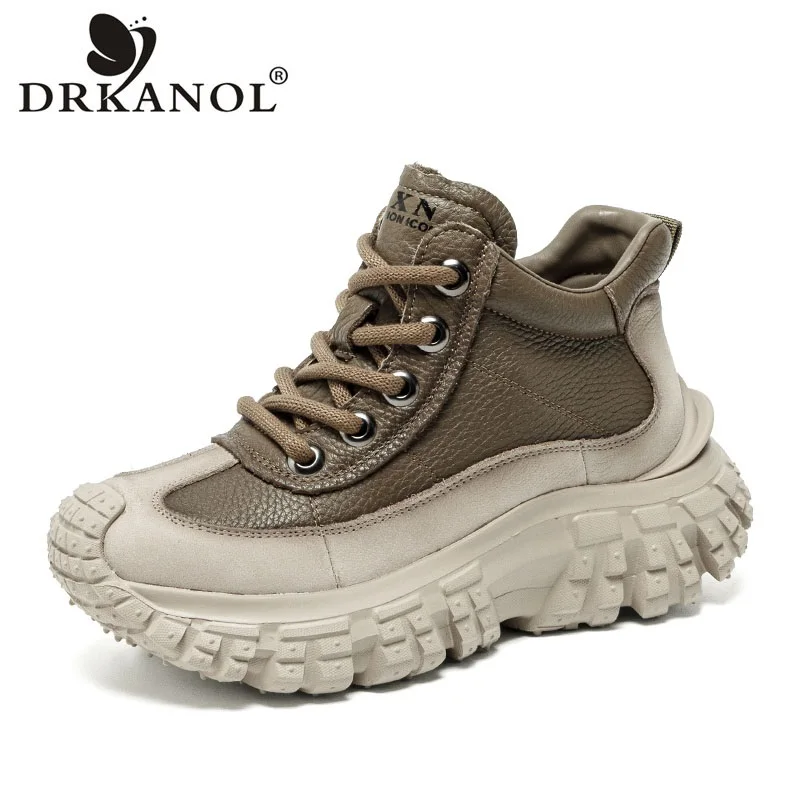 DRKANOL Women Platform Dad Shoes Mixed Colors Genuine Leather Lace-Up Wedges High Top Winter Warm Shoes Lady Casual Sneakers