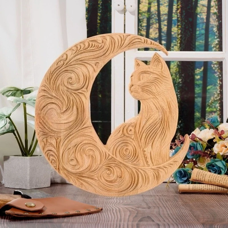 Solid Beech Wood Carved Crescent-Moon Cat Home Decor Artwork, Hanging Table Top Ornament