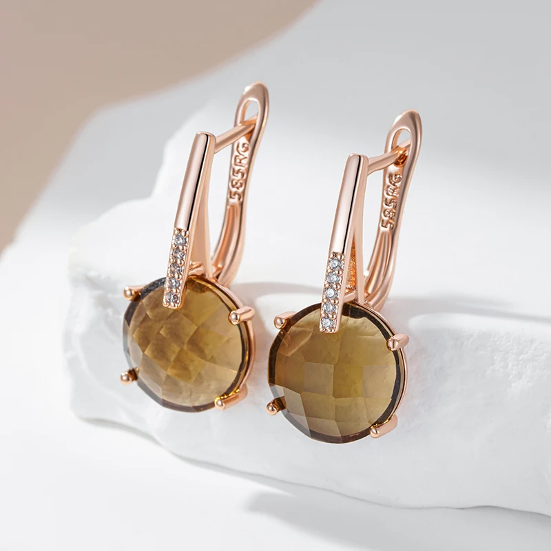 Kinel Fashion Round Light Brown Natural Zircon English Earrings for Women Simple 585 Rose Gold Color High Quality Daily Jewelry