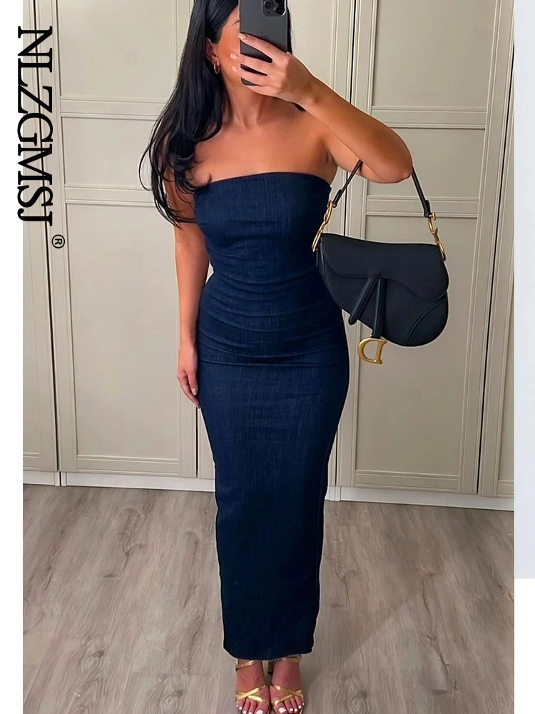 Nlzgmsj TRAF Sexy Strapless Backless Zipper Split Dress Party Blue Denim Female Long Dress for Women Summer Evening Dresses