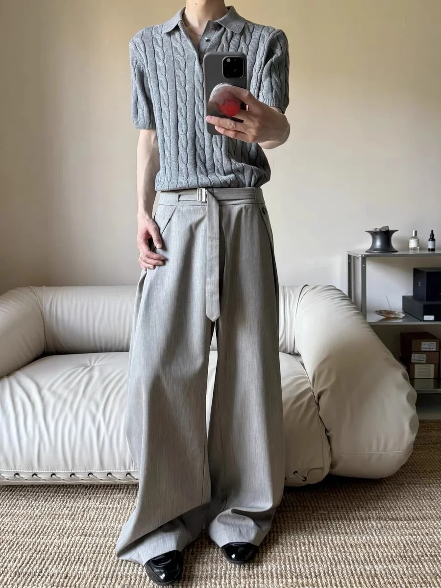 

American Retro Linen Texture Casual Pleated Men's Loose Wide Leg Pants Breathable Summer Leisure Trousers Straight Cut