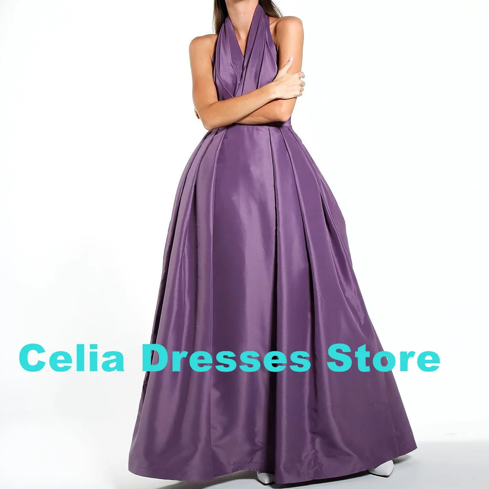 Elegant Party Dresses Woman A-Line Halter Satin Sleeveless Ankle Length Pleats Solid Purple Dresses For Formal Occasions 2024