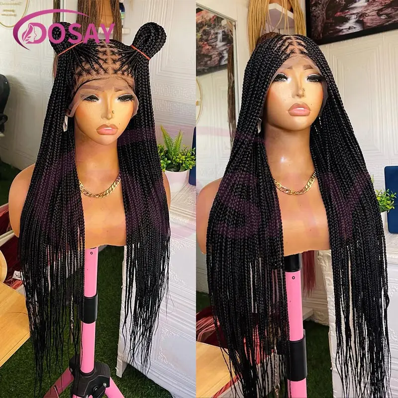 

36-дюймовый бордовый прямой полный кружевной плетеный парик из синтетических длинных коробочек без узлов с детскими волосами для женщин