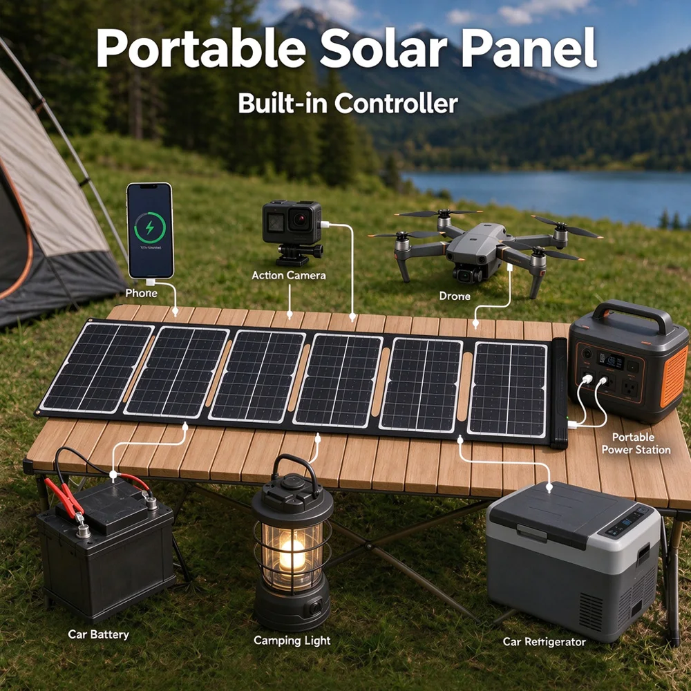 Portable Solar Panel 18V All in One Built-in Controller 60W Foldable Solar Panel Kit  for Camping Hiking Backpacking RV Roof