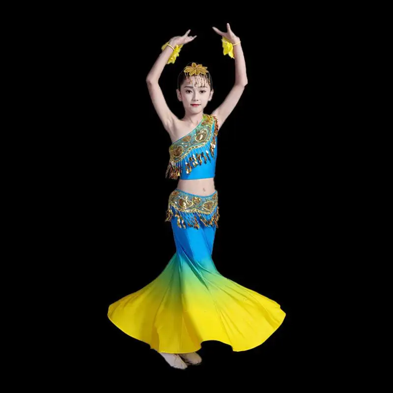 Traje de dança étnica dai infantil, saias de dança de pavão minoritária para meninas, estilo nacional tradicional, roupas de performance