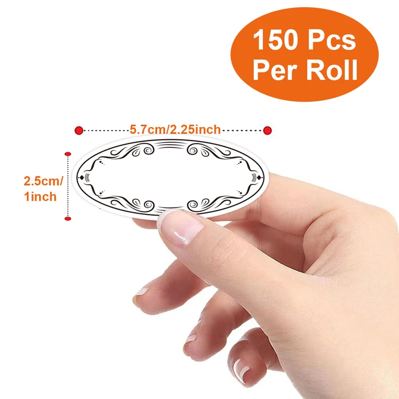 150 Oval White Kraft Stickers with Black Artistic Border for Jar Canning Labels, Price Tags, Store Organizing