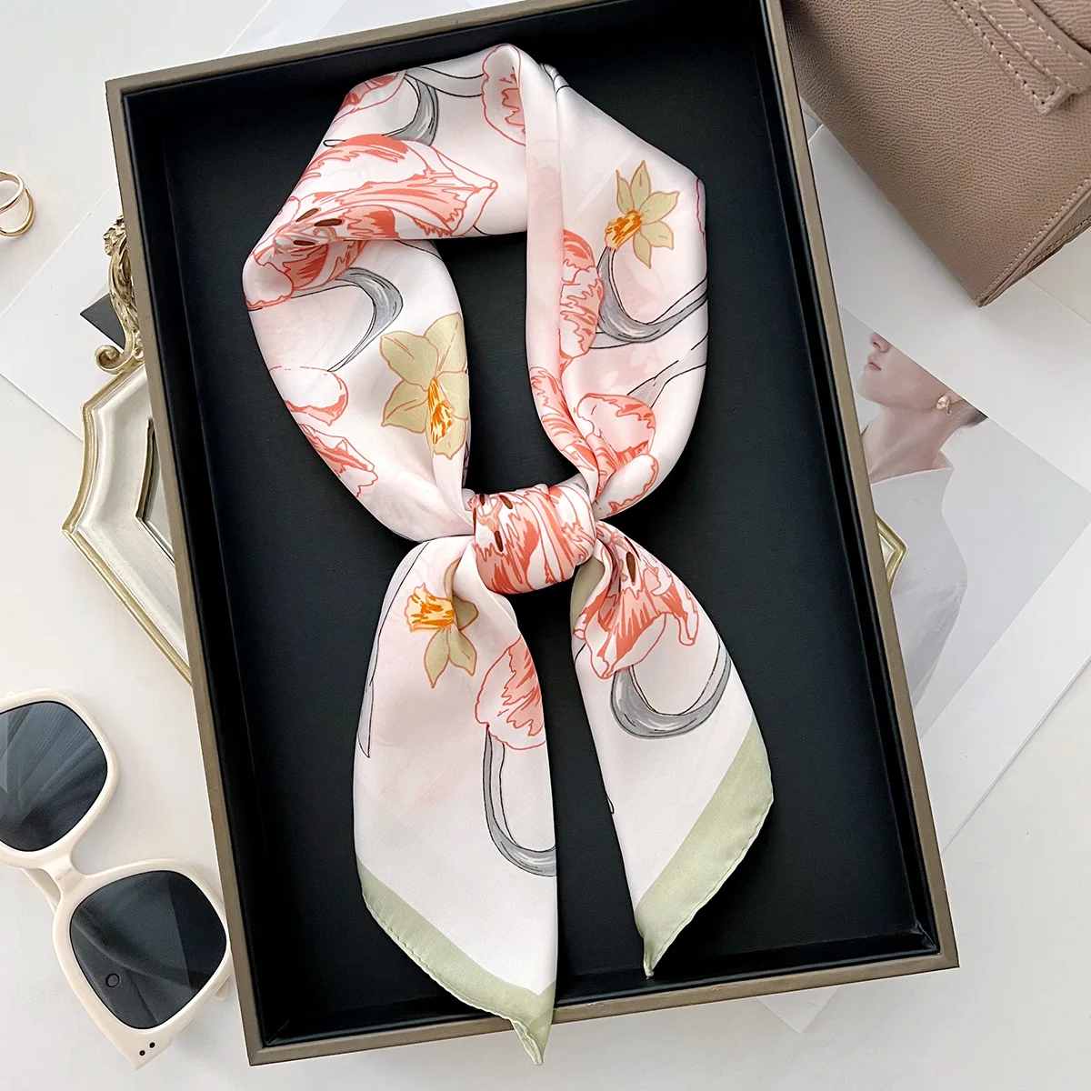 

2025 Floral Square Scarf,Summer 70cm Lightweight Bandana, Women's Breathable Neckerchief for Hair & Bag, Trendy Accessories