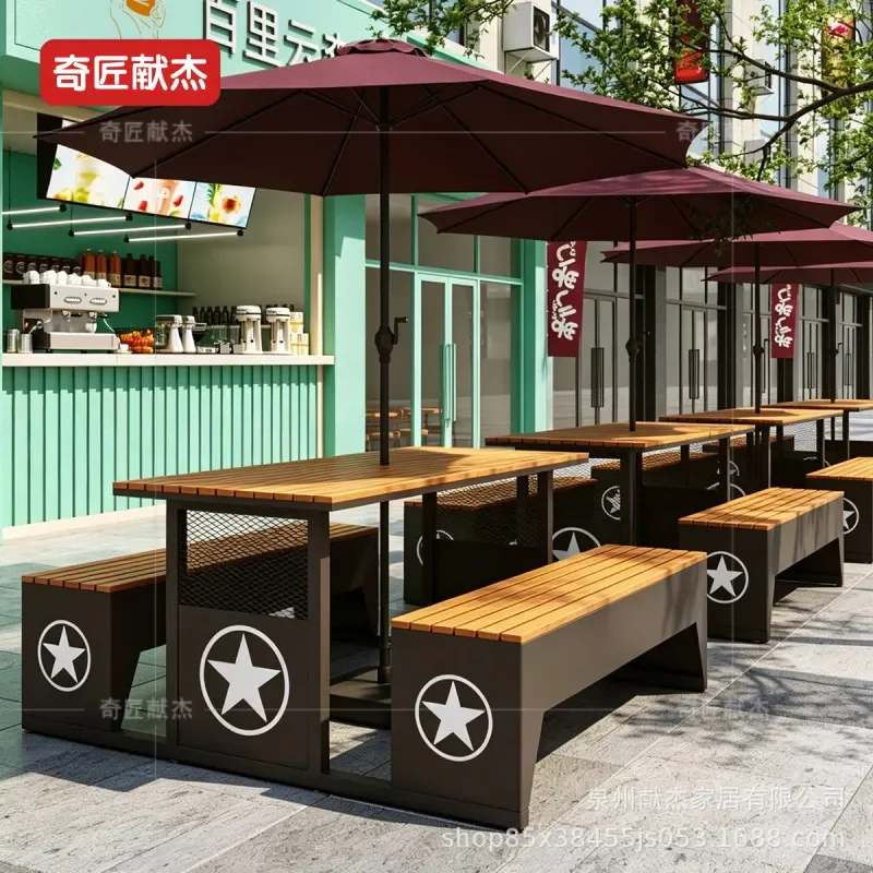 Black Mesh One Piece Plastic Wood Table and Chairs Set for Cafe Outdoor Patio Balcony Commercial Leisure Dining Furniture