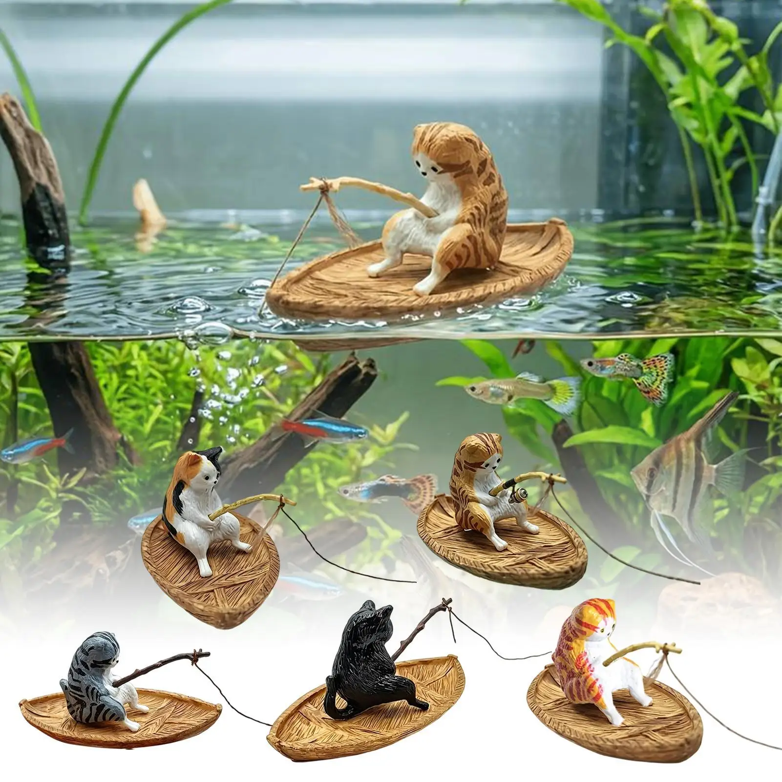 Aquarium-Dekorationen: Kätzchen beim Angeln – Harzfigur für Garten, Teich, Zuhause, Büro, Landschaftsgestaltung, Outdoor, Aquarien und Flüsse