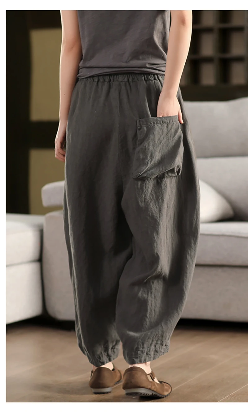 Fengbaoyu 100% linho natural calças femininas de nove peças calças soltas balão roupas de tamanho grande confortável fresco e casual