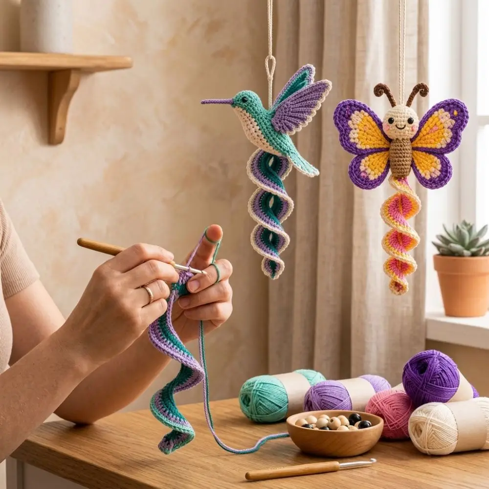 Hummingbird Garden Animal Spiral Crochet Kit Bunny Frog Rustic Style Forest Animal Knit Set Butterfly Bee Cotton Yarn