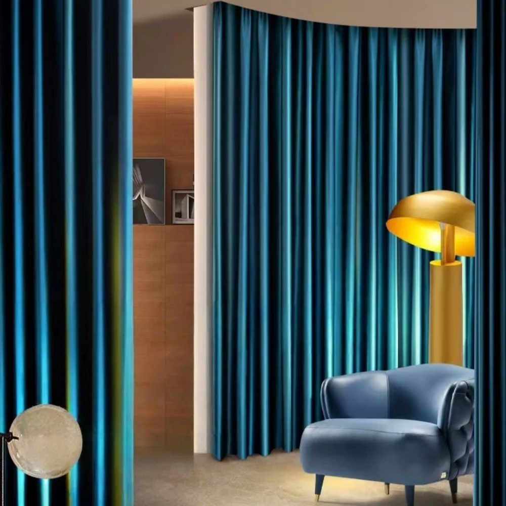 

Retro Blackout Velvet Peacock Blue Curtains Living Room Bedroom New Chinese Finished Curtains Velvet