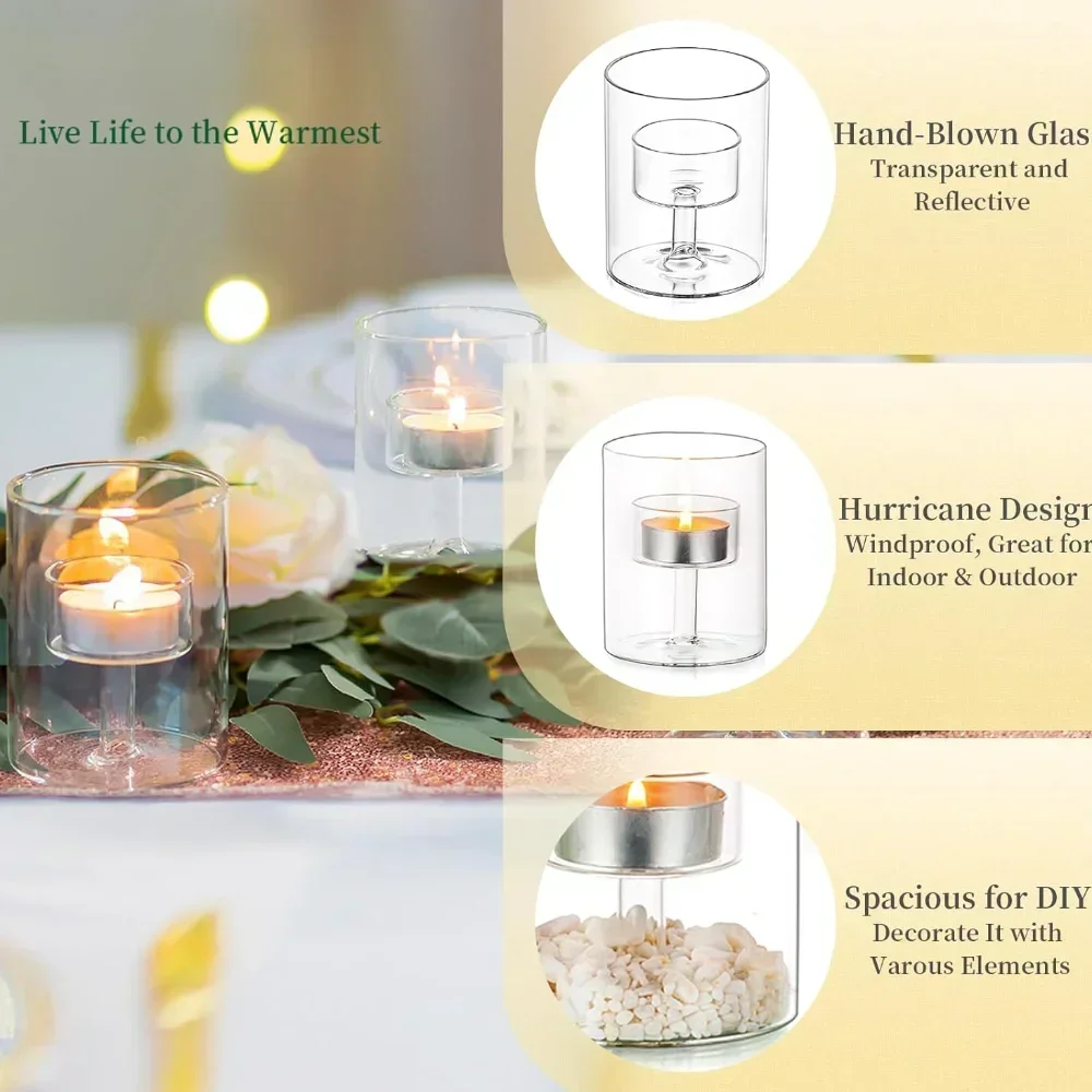 Glasseam Glass Tealight Candle Holder Modern Cylinder Candle Holders for Table Centerpiece Wedding Christmas Party Decorations