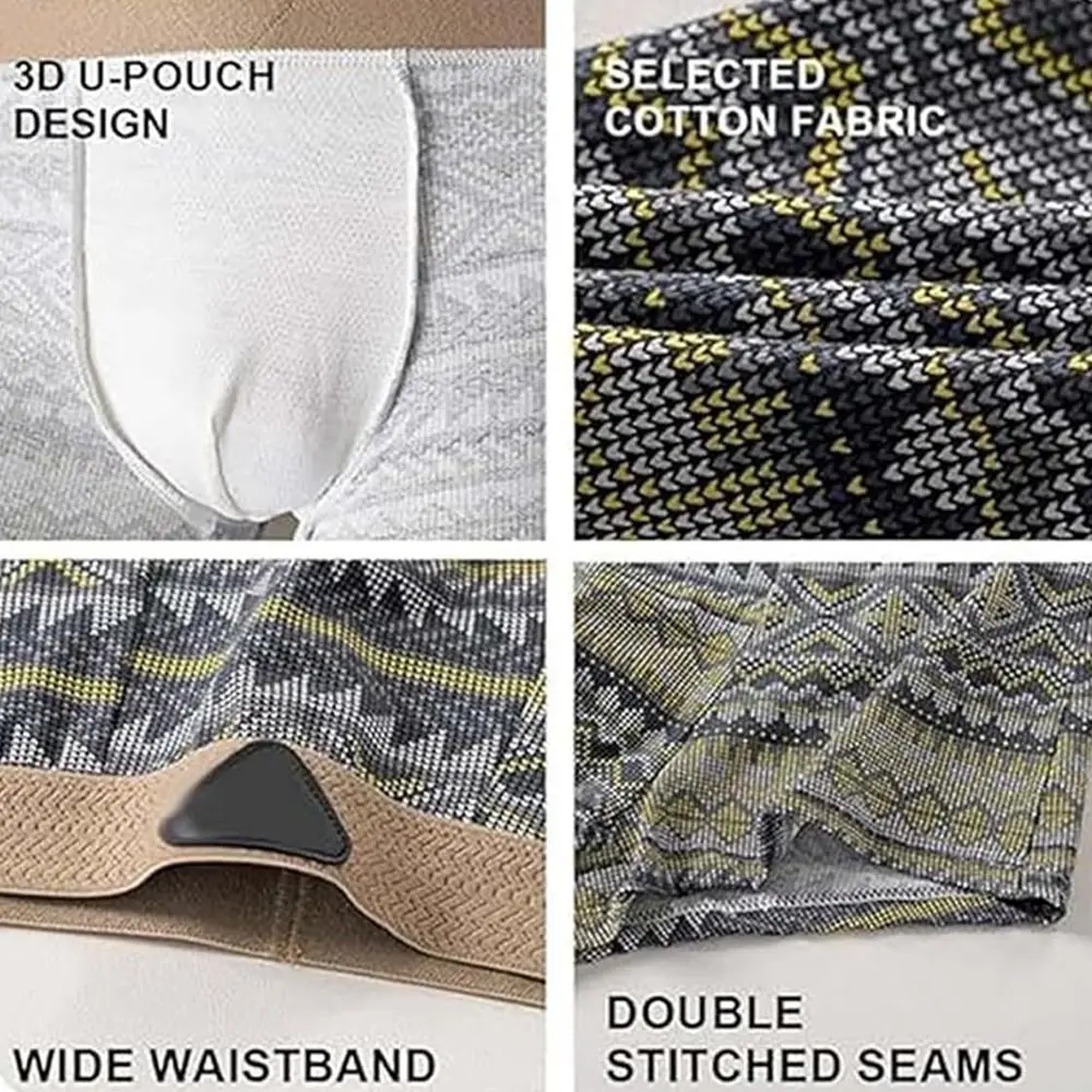 New Cotton Boxer Briefs Ultra Soft Breathable Men's Underwear 3D Support Pouch Ethnic Style Antibacterial Underpants